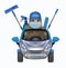 Cat cleaner in mask drives blue car 2