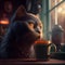 The cat with coffee is a symbol of relaxation, comfort, and warmth. This illustration represents a cozy companion for lazy day,