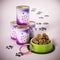 Cat collar, food container and cans. 3D illustration