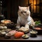 cat cook prepares sushi and rolls An animal in a white chef\\\'s cap.