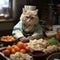 cat cook prepares sushi and rolls An animal in a white chef\\\'s cap.