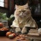 cat cook prepares sushi and rolls An animal in a white chef\\\'s cap.