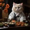 cat cook prepares sushi and rolls An animal in a white chef\\\'s cap.