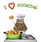 Cat cooks fried meat on a stove 2