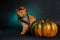 Cat cowboy sitting near big pumpkin on black background. Halloween banner