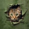 A cat crawled through a hole on a green background. Paper background torn by a pet. Generated AI