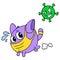 A cat creature wearing a disposable mask runs from the pursuit of the corona virus. doodle icon image kawaii