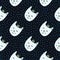 Cat with crowns seamless naive doodle pattern. Black background with blue dots and white faces animals print
