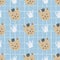 Cat and crowns silhouette seamless pattern. Beige pets faces and white crown elements on blue background with check