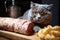 Cat and cuisine Gray British cat relishing sausage salami delightfully