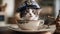 cat with a cup of coffee A charming Maine Coon kitten with a comical expression, sitting inside an oversized teacup,