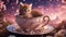 cat in a cup highly intricately detailed photograph of Brown Maine Coon kitten sitting inside over size teacup