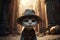 Cat daring adventurer, wearing a fedora exploring a forgotten temple filled with ancient treasures cartoon style illustration