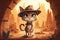 Cat daring adventurer, wearing a fedora exploring a forgotten temple filled with ancient treasures cartoon style illustration