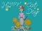 Cat Day card watercolour illustration wearing purple dress and hat standing with sunflowers with the wording Happy Cat Day