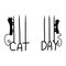 Cat day hand drawn lettering isolated on white background. Vector outline illustration. Cute black silhouette cats