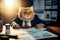 Cat director office. Interior businessman funny pet sitting at the table. Office desk, manager room, interior, of