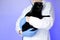 cat doctor.Veterinary procedures for cats.Cat health.Examining a cat . black cat in the hands of a veterinarian on a