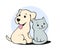 Cat and dog cartoon illustration, pet logo or symbol design with cute puppy and kitty