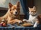 A cat and a dog come to life in a stunning oil painting that captures their essence and charm in vivid detail