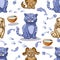 Cat dog cute cartoon childrens hand drawn illustration. Patern seamless print textile background wallpaper paper pets