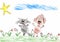 Cat and dog are friends walk on meadow, child drawing