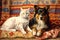 a cat and a dog lie on a vintage patchwork quilt, generated by AI, generative assistant.