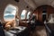 cat and dog lounging in cabin of private jet, with view of the clouds