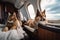 cat and dog lounging in cabin of private jet, with view of the clouds