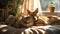 Cat and dog lying together in a cozy sunlit room, depicting friendship