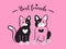 Cat and dog together are best friends. Friendship of two cute cartoon pet characters. Pair of french bulldog and kitty