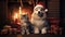 cat and dog wearing adorable Santa Claus outfits while sitting side by side next to a festively adorned fireplace