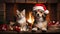 cat and dog wearing adorable Santa Claus outfits while sitting side by side next to a festively adorned fireplace