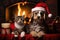 cat and dog wearing adorable Santa Claus outfits while sitting side by side next to a festively adorned fireplace