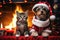 cat and dog wearing adorable Santa Claus outfits while sitting side by side next to a festively adorned fireplace