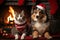 cat and dog wearing adorable Santa Claus outfits while sitting side by side next to a festively adorned fireplace