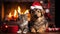 cat and dog wearing adorable Santa Claus outfits while sitting side by side next to a festively adorned fireplace