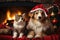 cat and dog wearing adorable Santa Claus outfits while sitting side by side next to a festively adorned fireplace