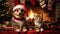 cat and dog wearing adorable Santa Claus outfits while sitting side by side next to a festively adorned fireplace