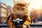 Cat dressed as a hipster photographer, with a vintage camera, ready to take photos on a street backdrop and take