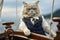 cat dressed as a yachtsman who steers a sailing yacht