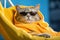 a cat dressed up in sunglasses is sleeping in a hammock,