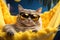 a cat dressed up in sunglasses is sleeping in a hammock,