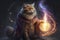 Cat dressed up in a wizard\\\'s robe, casting spells with its paws and creating magical portals to travel through space