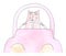 Cat is driving a car. Driver, road, journey. Watercolor illustration humorous. Humor, fun design modern