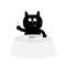 Cat eats fish. Cute cartoon character. Plate, fork, table. Restaurant menu. Happy black kitten with tongue. Flat design.