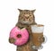 Cat eats pink donut with cappuccino