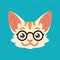 Cat emotional head. Vector illustration of cute kitty shows smart emotion. Nerd emoji. Smiley icon. Print, chat