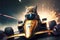 Cat F1 racing car pilot illustration generative ai