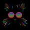 Cat face with colorful vibrissae and glasses with hypnotic spirals